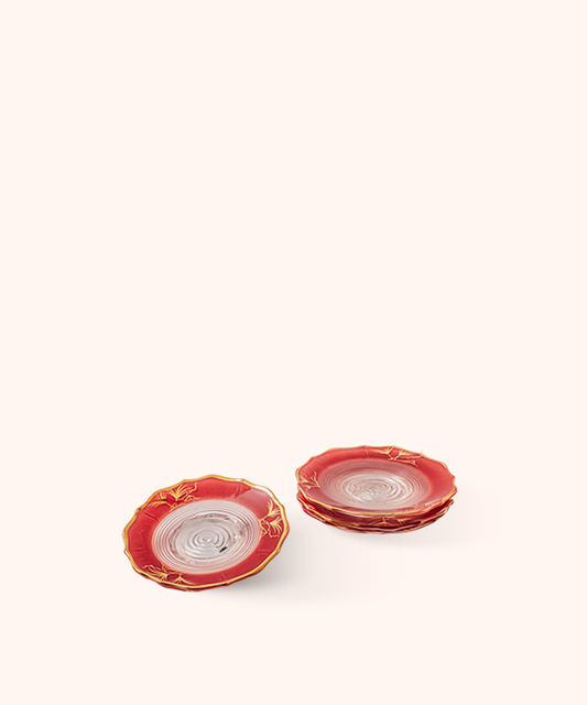 Set of 4 Red Glass Dessert Plates in a Chinese-Inspired Style with Gold Trim.