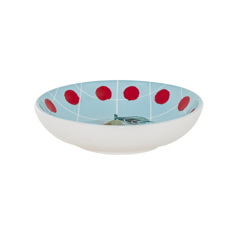 Light blue cup with polka dot border