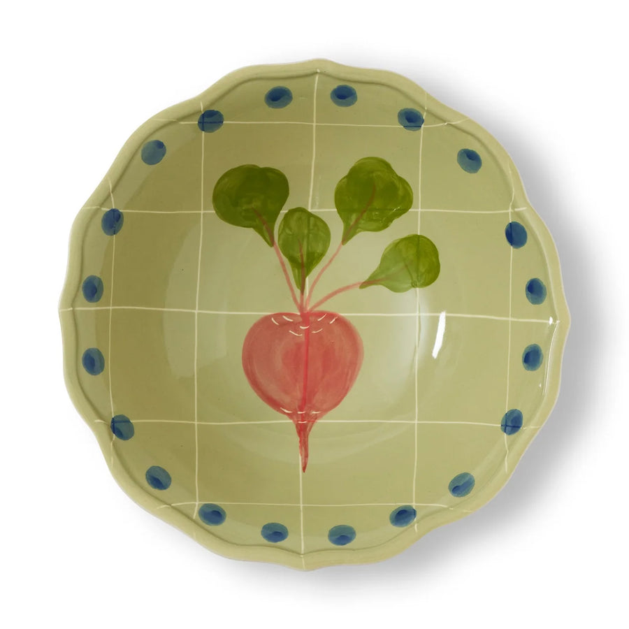 Green salad bowl with polka dot border