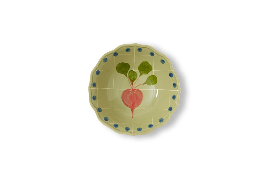 Green salad bowl with polka dot border