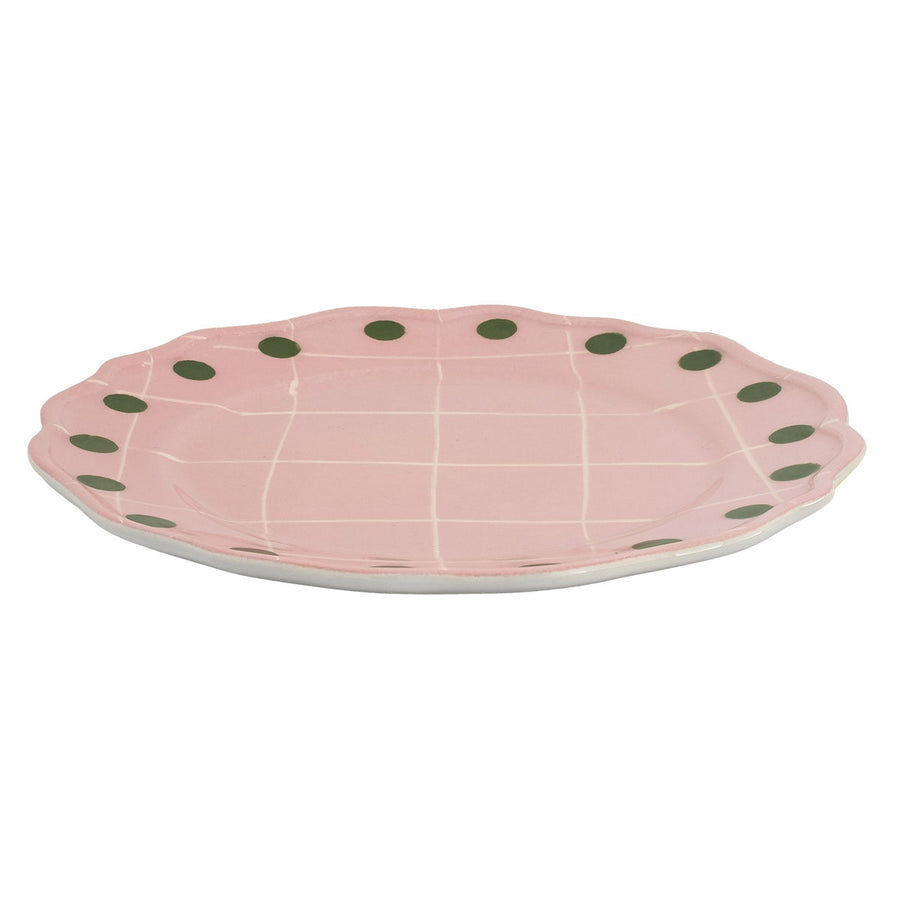 Pink Dinner Plate Green Pois Rim