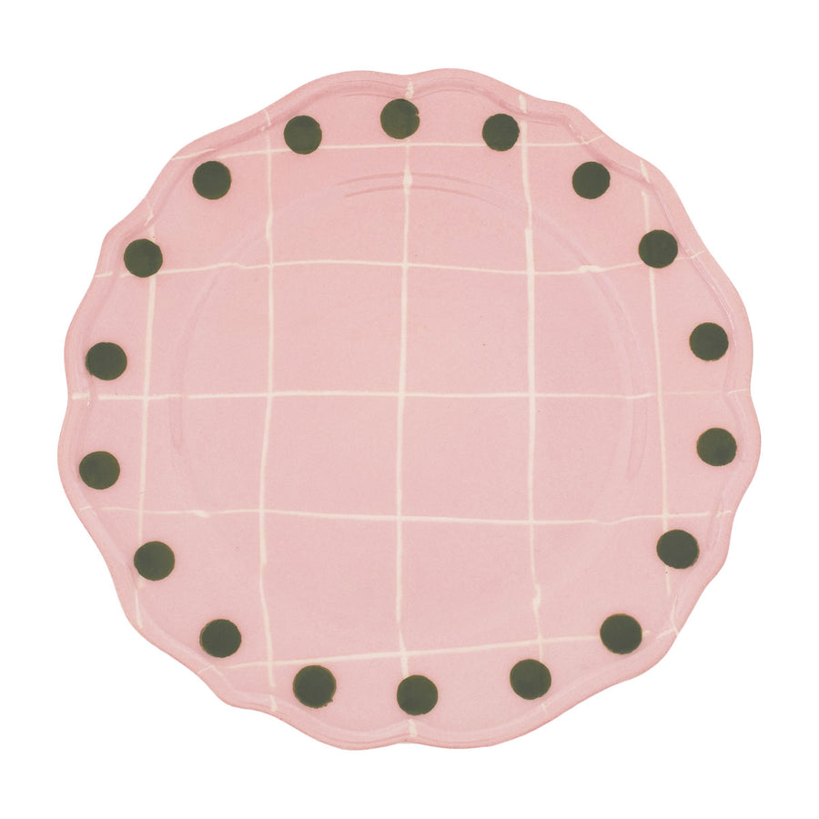 Pink Dinner Plate Green Pois Rim