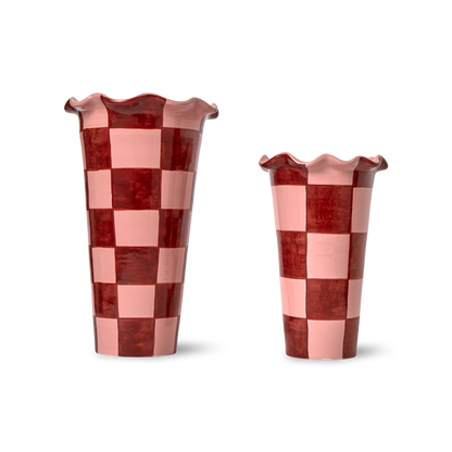 Vaso Bordo Ondulato Scacchi Rosa/Bordeaux