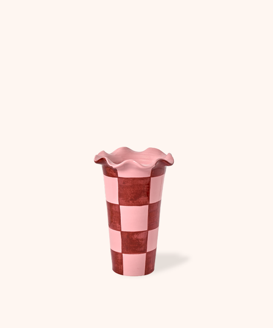 Pink/Burgundy Check Wavy Edge Vase