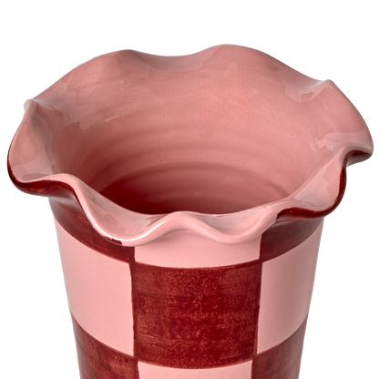 Vaso Bordo Ondulato Scacchi Rosa/Bordeaux