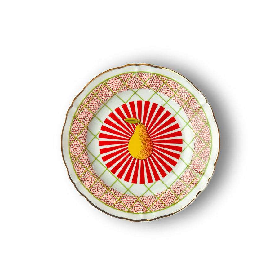 Piatto in porcellana con decalco a tema frutta, bordo oro